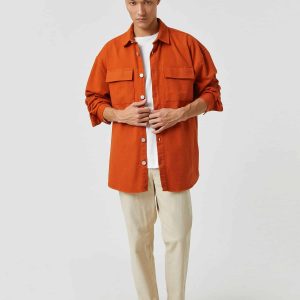 Koton Men Basic Shirt Jacket Canvas Classic Neck Buttoned Pocket Detail, Long Sleeve, Shirts, Black